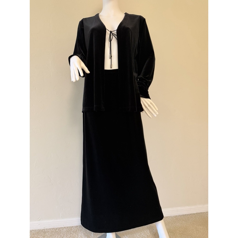Chico's Black Velvet Stretch 2 Piece Set cardigan Skirt Tie Cord Accent Chico 2